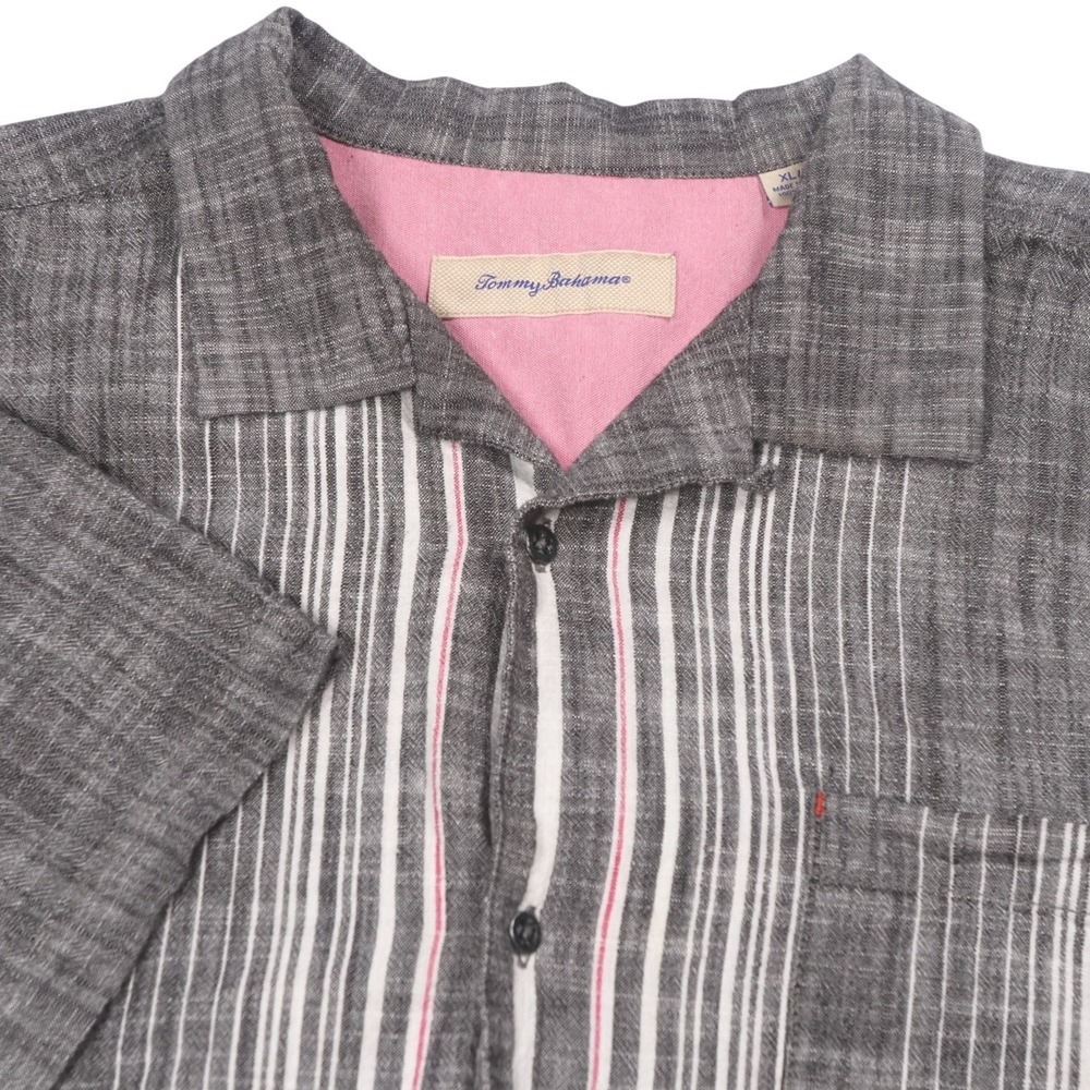 Tommy Bahama Camp Shirt Gray Modern Striped Button Up Short Sleeve‎ XL